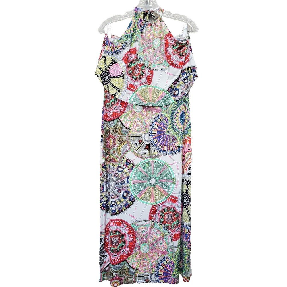Atina Cristina Halter Midi Dress Size Large Side Vents Multicolor Medallion